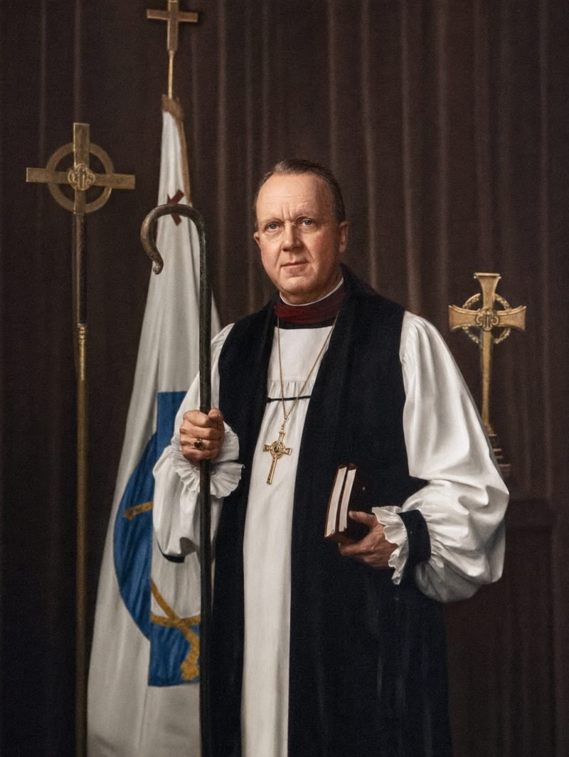 Retrato del obispo James P. Dees revestido de rojo y negro, con báculo en la mano derecha y la Biblia en la izquierda, junto a la bandera de la Iglesia Anglicana Ortodoxa